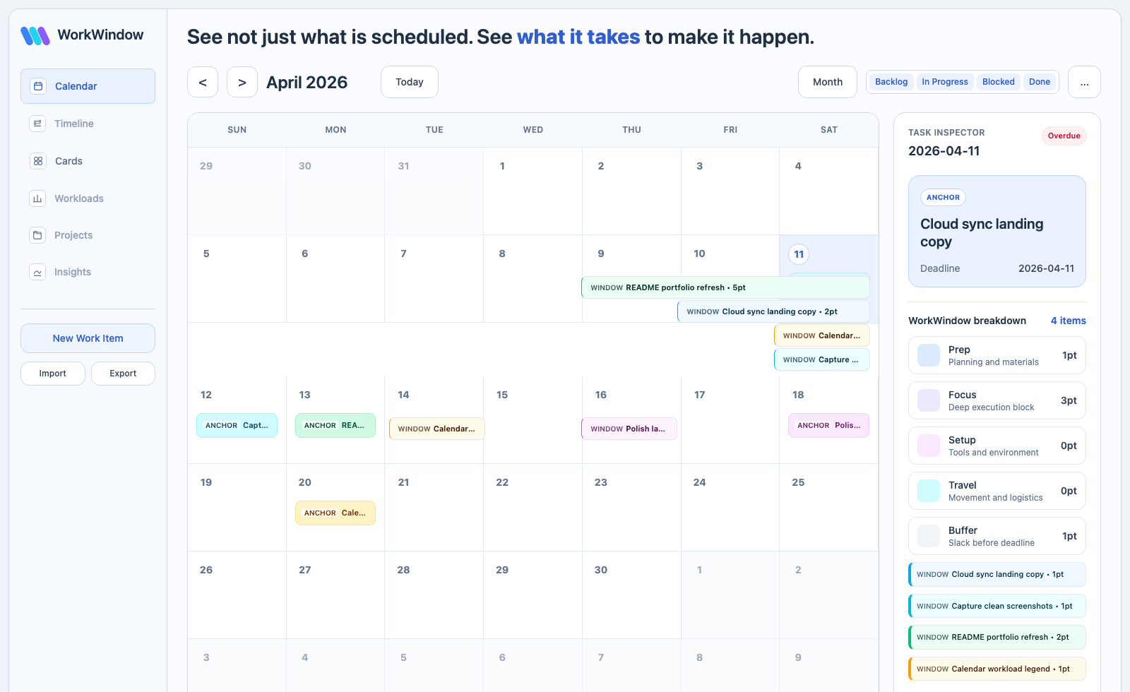 WorkWindow calendar overview